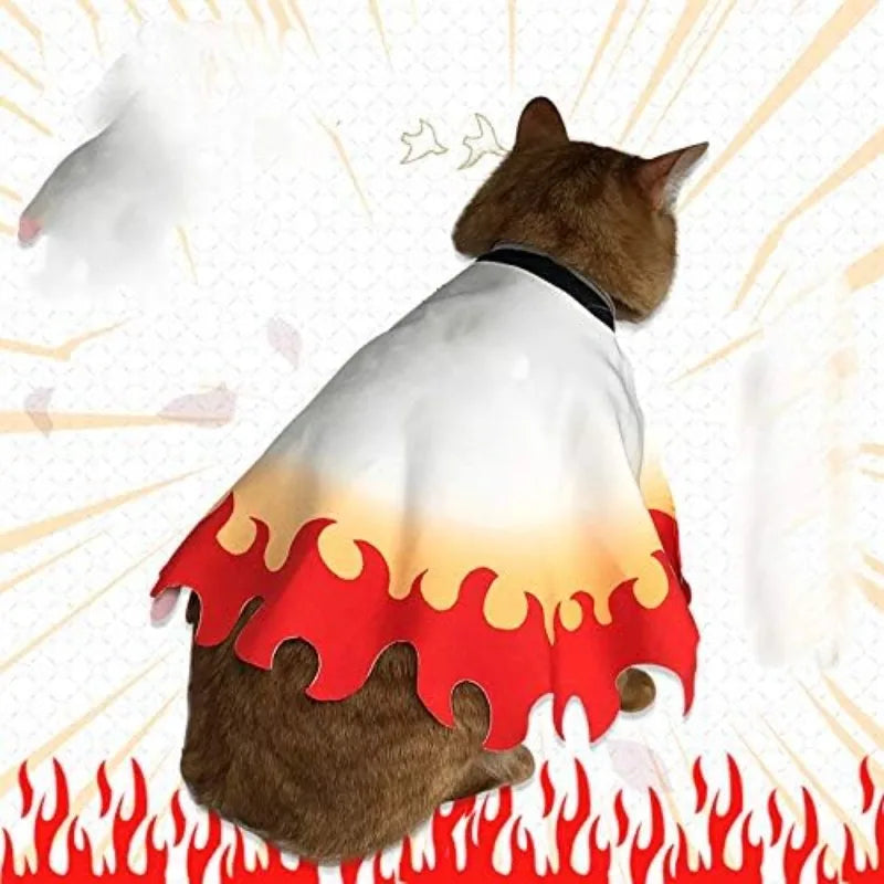 Cat wearing a Rengoku pet cosplay costume cape with red flames for playful dress-up moments