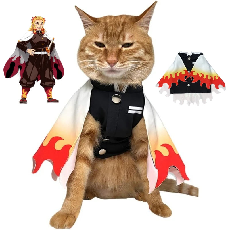 Adorable cat wearing a Rengoku pet cosplay costume with flames on the cape and stylish design