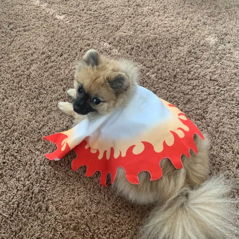 Rengoku pet cosplay costume for dogs featuring a fiery cape design in orange and red colors