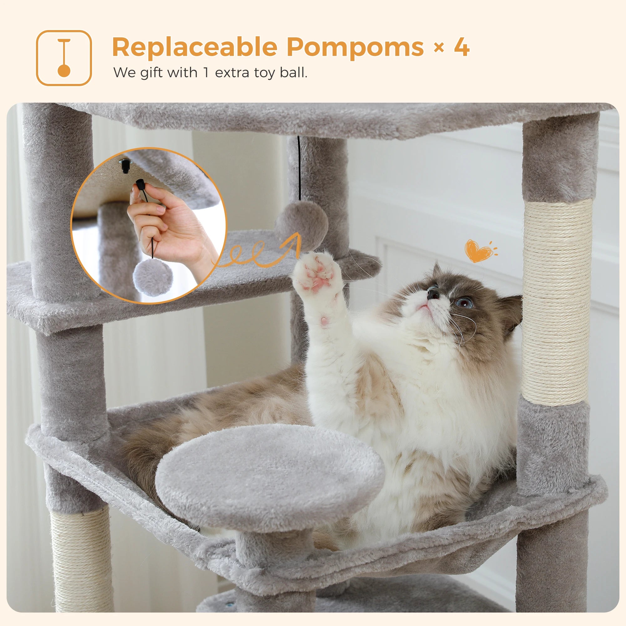Large cat tree for indoor cats featuring replaceable pom poms and a cozy platform for playtime