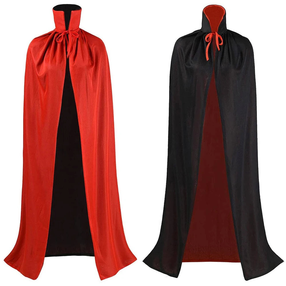Reversible vampire cape for adults and kids in red and black fabric with a stylish collar and ties