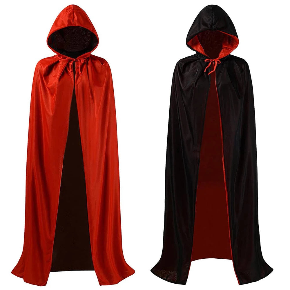 Reversible vampire cape for adults and kids in red and black with a hood for Halloween costumes