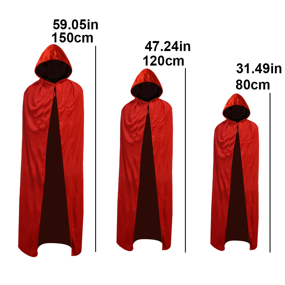 Red reversible vampire cape for adults and kids with hood and various size options displayed