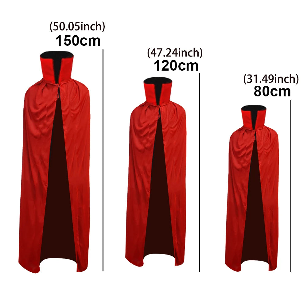 Three sizes of a reversible vampire cape for adults and kids in red with black lining
