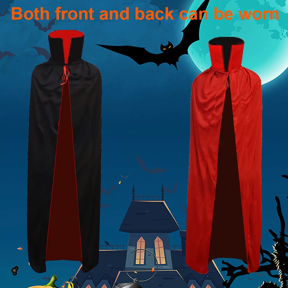 Reversible vampire cape for adults and kids shown in black and red, perfect for Halloween costumes