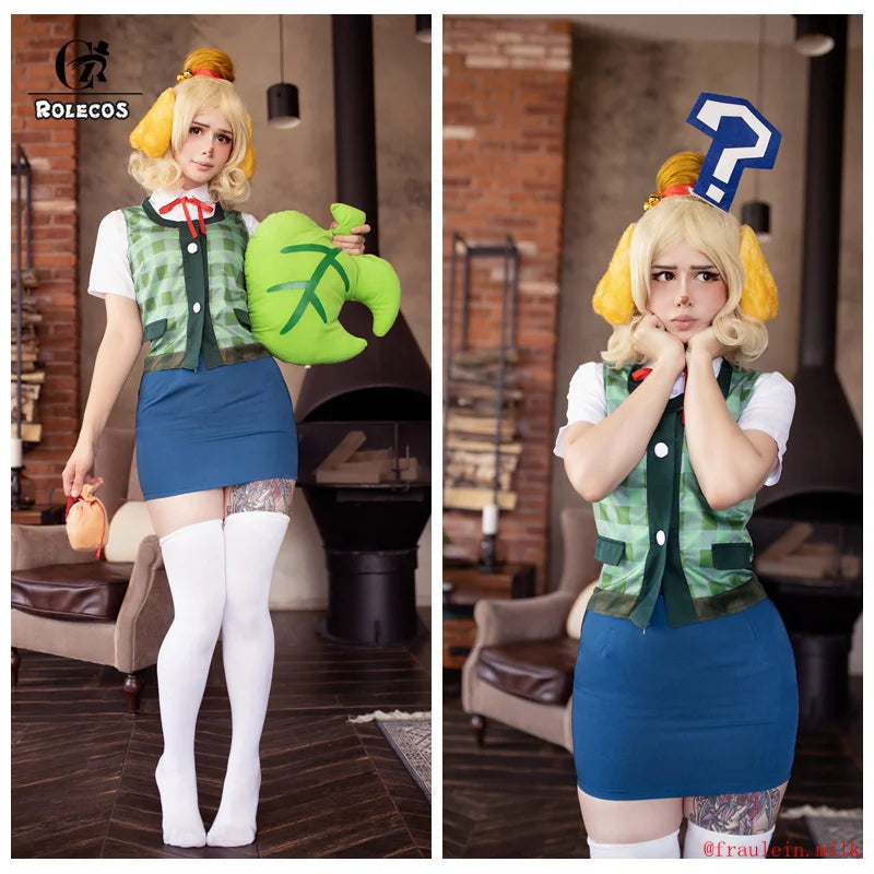 Cosplay of Animal Crossing New Horizons outfit featuring a character with a green vest and white skirt