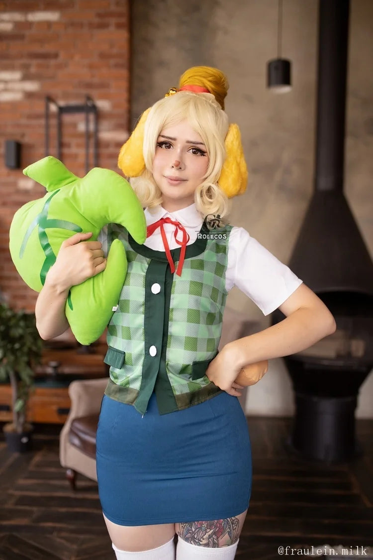 Cosplay of Animal Crossing New Horizons outfit featuring a character with a plush item in a modern interior