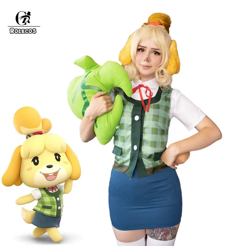 Cosplayer wearing an Animal Crossing New Horizons outfit inspired by Isabelle with plush leaf accessory