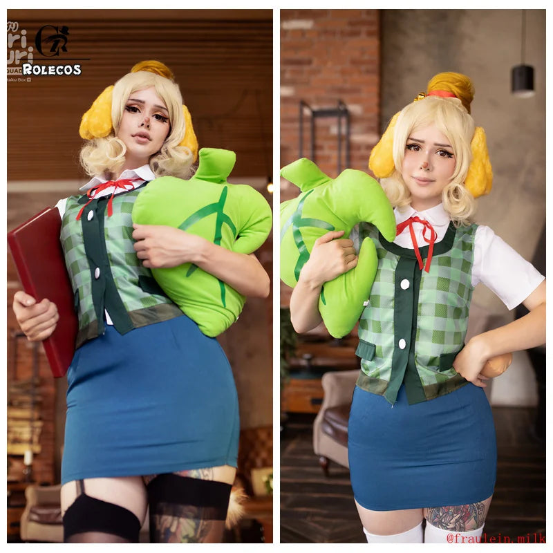 Cosplaying Animal Crossing New Horizons outfit with stylish details and plush accessories
