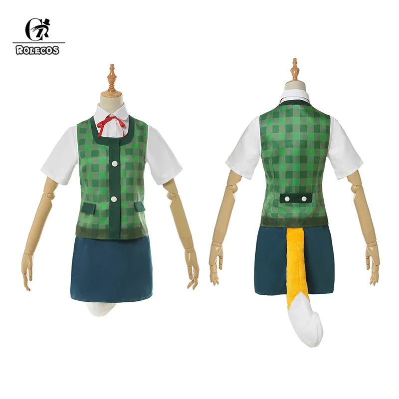 Animal Crossing New Horizons outfit featuring a green plaid vest and blue skirt with a fox tail detail