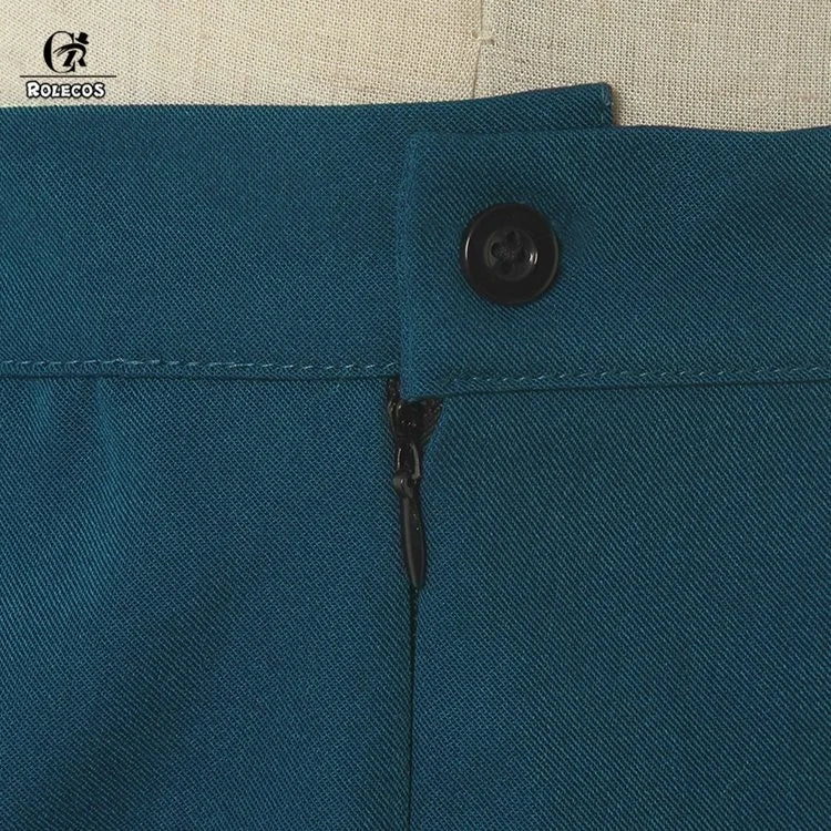 Close-up of teal pants featuring a button and zipper, inspired by Animal Crossing New Horizons outfit