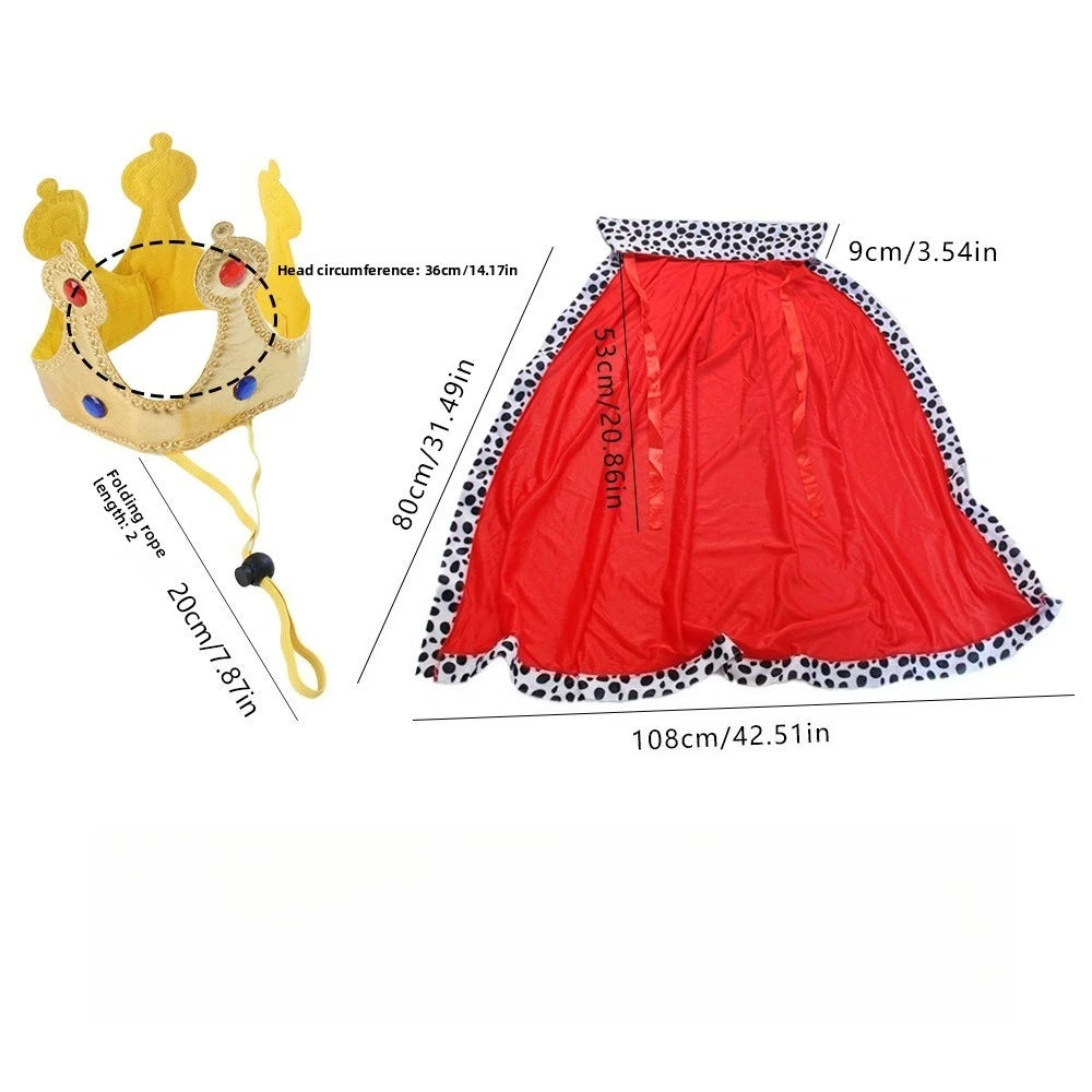 Adorable Halloween dog king costume featuring a royal crown and red cape with dalmatian print trim