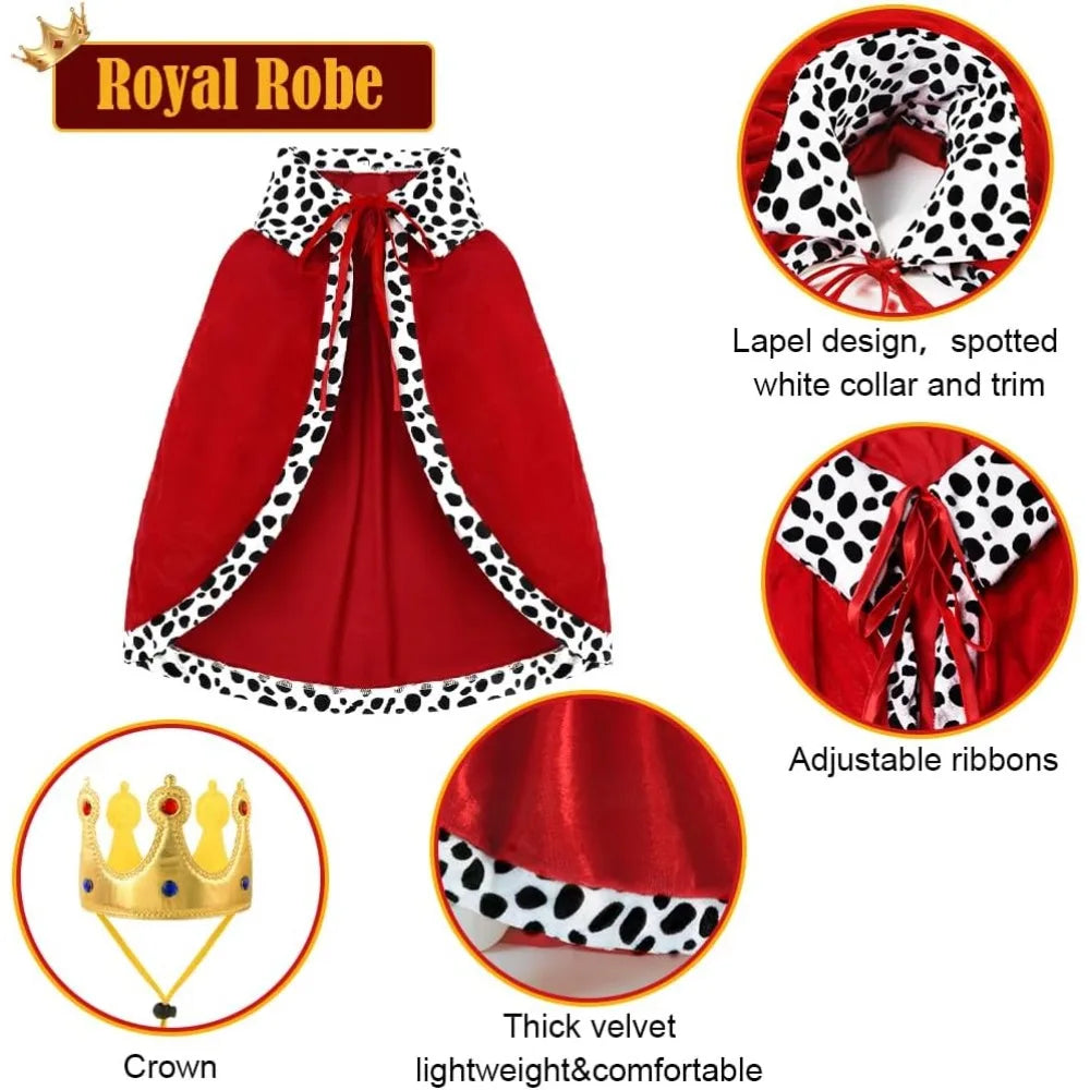 Halloween dog king costume featuring a red royal robe with a spotted collar and adjustable ribbons