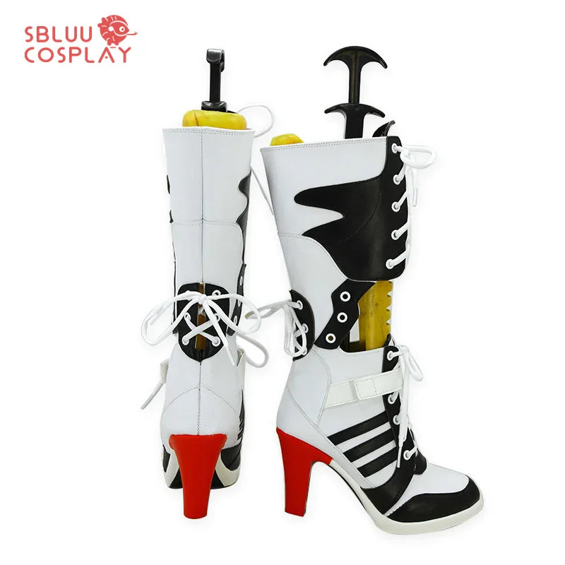 Harley Quinn dog costume boots in white and black with red heels for playful pet dress-up
