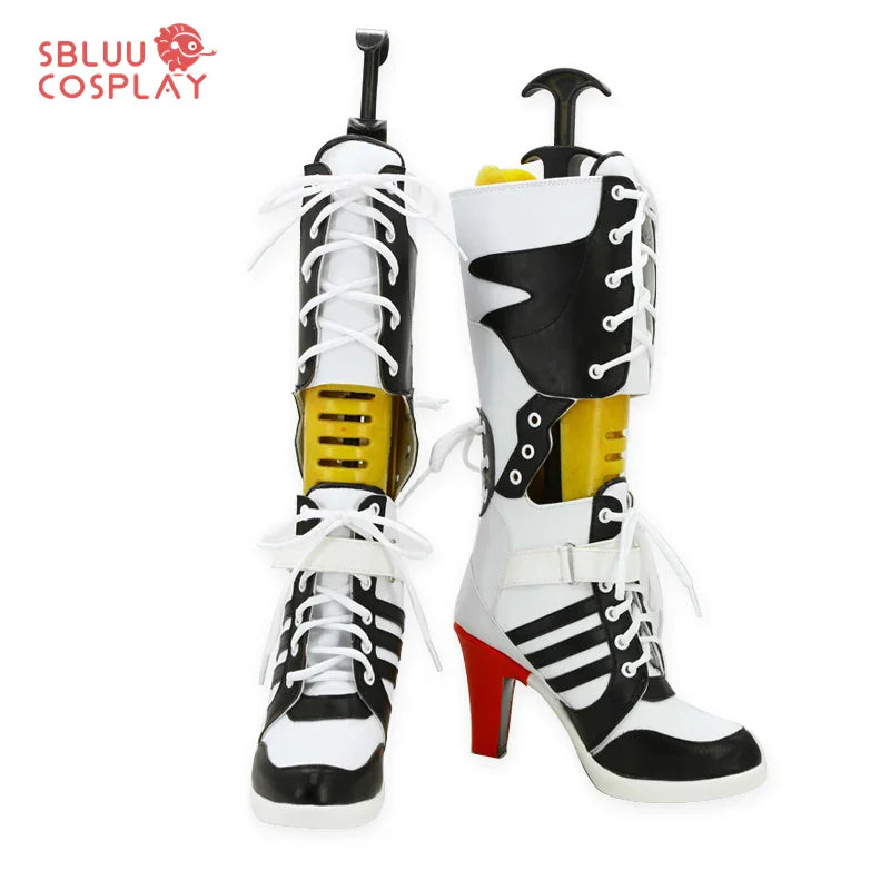 Harley Quinn dog costume boots featuring a striking black, white, and red design with laces and heels
