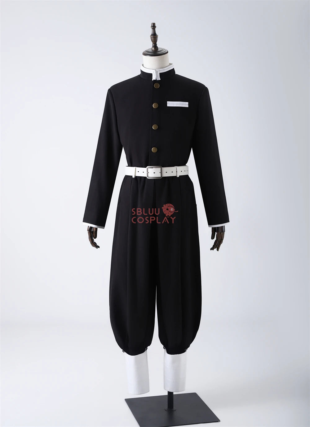 Tanjiro Kamado cosplay costume featuring a black outfit with white accents and a belt for anime fans