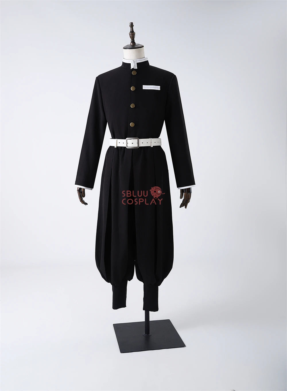 Tanjiro Kamado cosplay costume featuring a black design with buttons and a white belt for anime fans