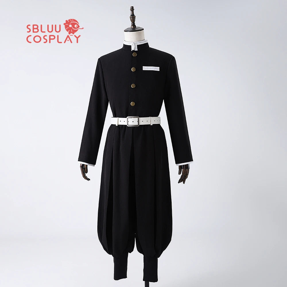 Tanjiro Kamado cosplay costume featuring a black jacket and white belt for anime fans