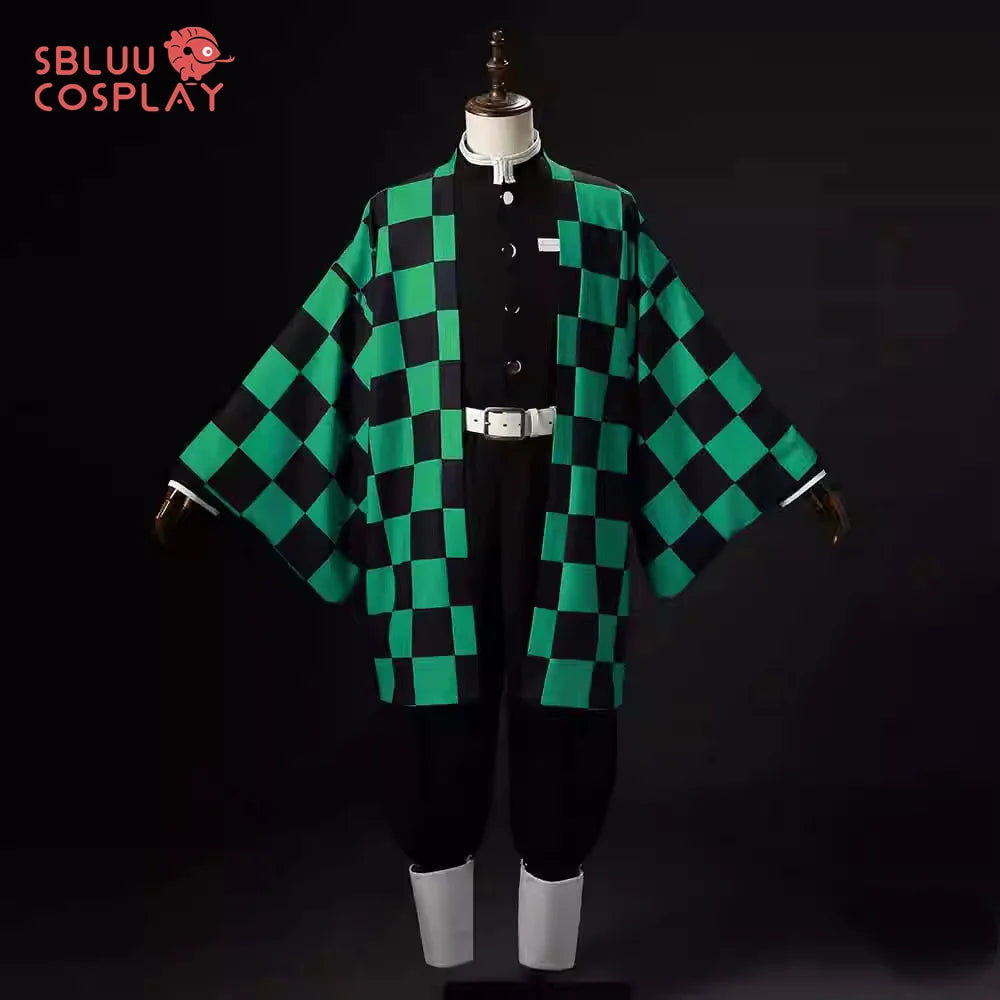 Tanjiro Kamado cosplay costume featuring a vibrant green and black checkered pattern with a stylish design