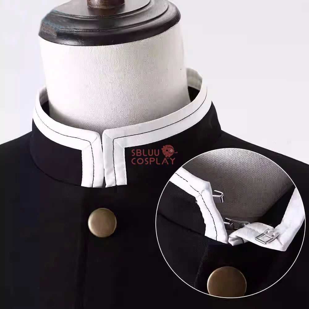 Close-up of Tanjiro Kamado cosplay costume collar with detailed stitching and button closure