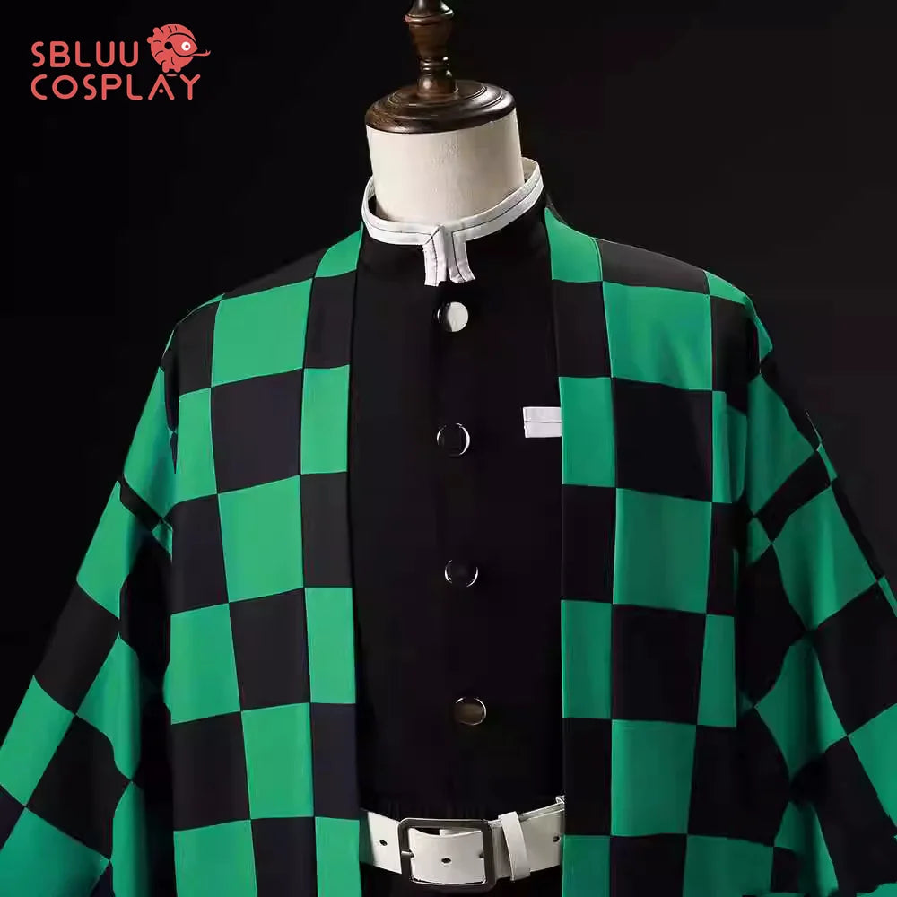 Tanjiro Kamado cosplay costume featuring a black and green checkered haori jacket with a black shirt
