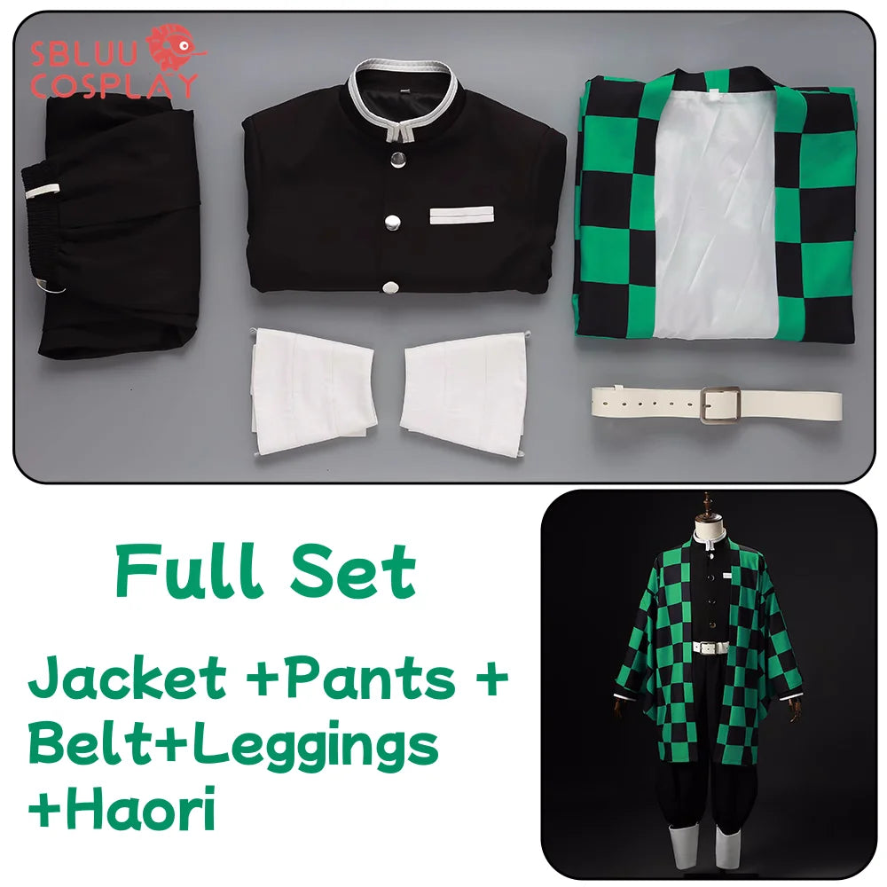 Tanjiro Kamado cosplay costume full set including jacket, pants, belt, leggings, and haori