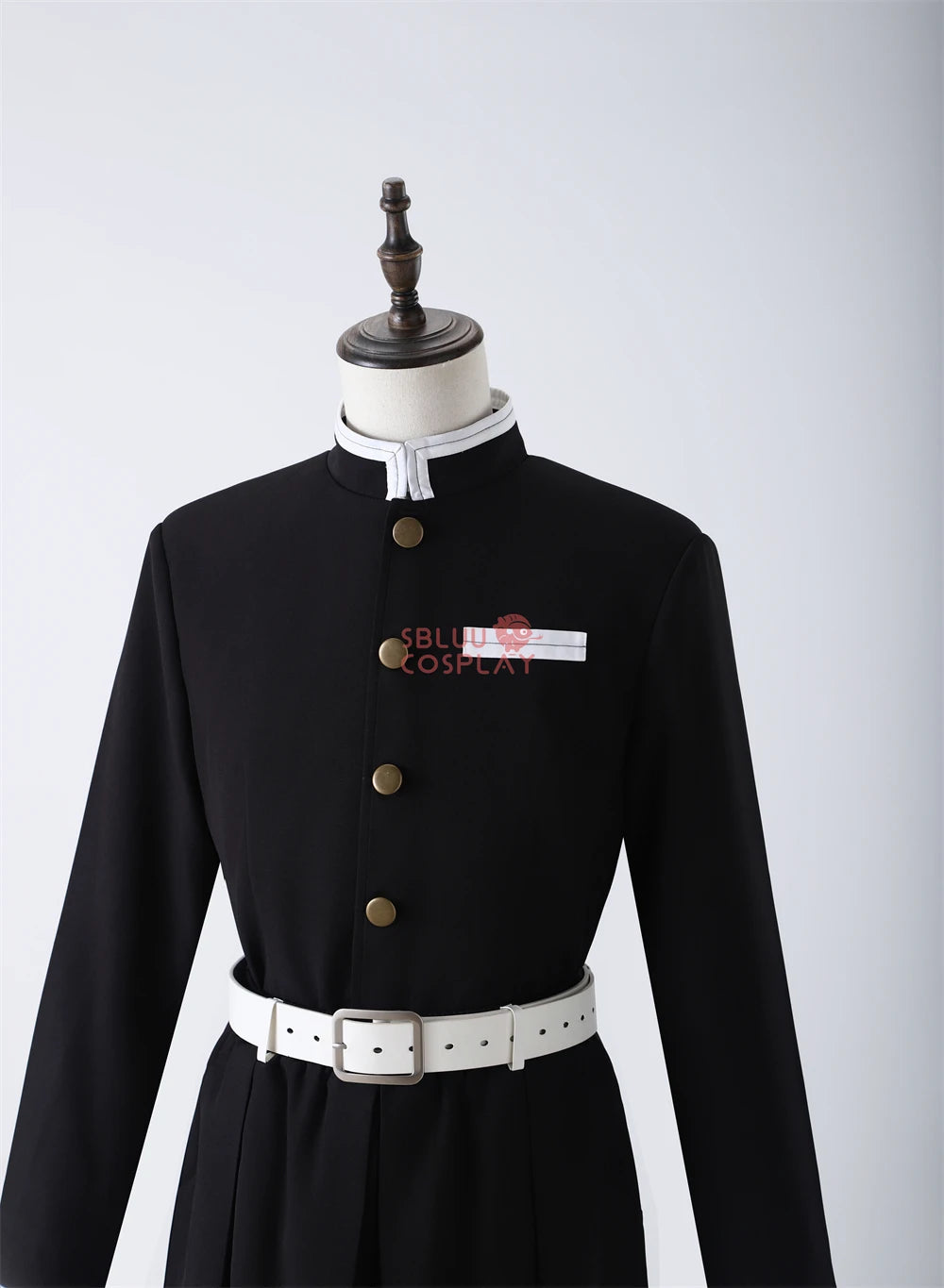 Tanjiro Kamado cosplay costume featuring a black design with a white belt and button details