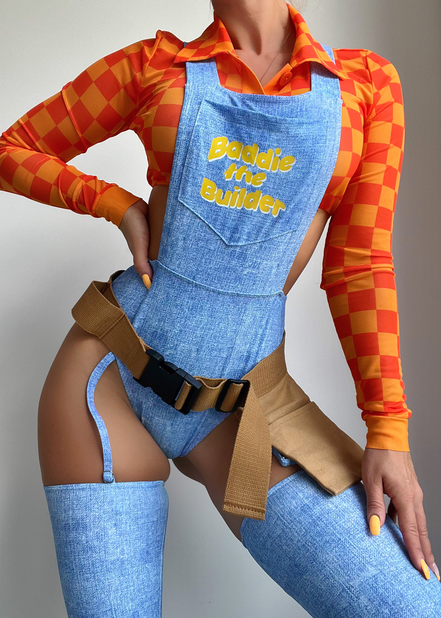 Sexy builder Halloween costume featuring a denim outfit and orange checkered shirt for a fun look