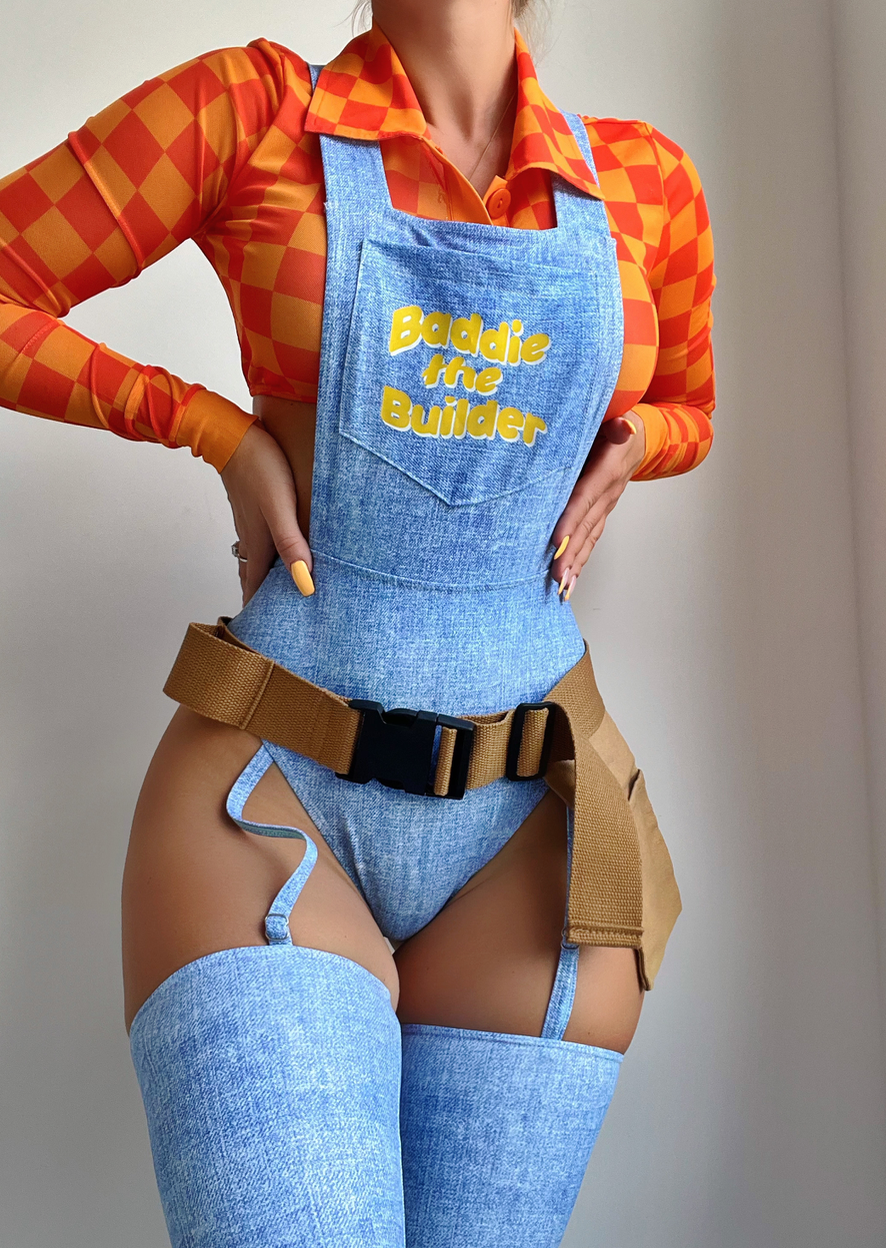 Sexy builder Halloween costume featuring denim overalls and a playful graphic design