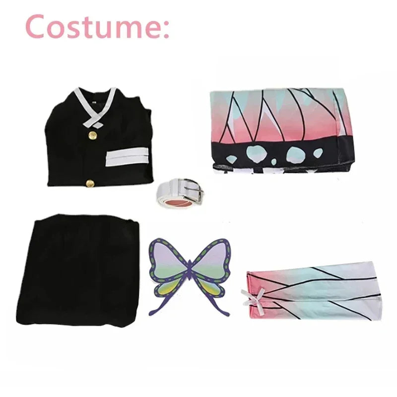 Shinobu cosplay costume for kids featuring butterfly accessories and colorful outfit components