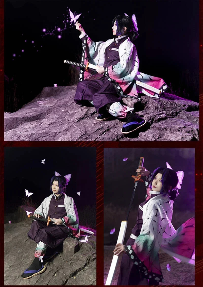 Shinobu cosplay costume for kids featuring colorful wings and a katana, perfect for anime fans