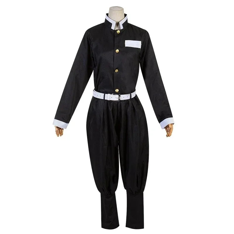 Shinobu cosplay costume for kids featuring a black outfit with gold buttons and white belt