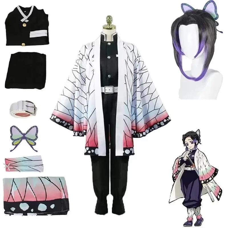 Shinobu cosplay costume for kids featuring kimono, accessories, and character wig for anime fans