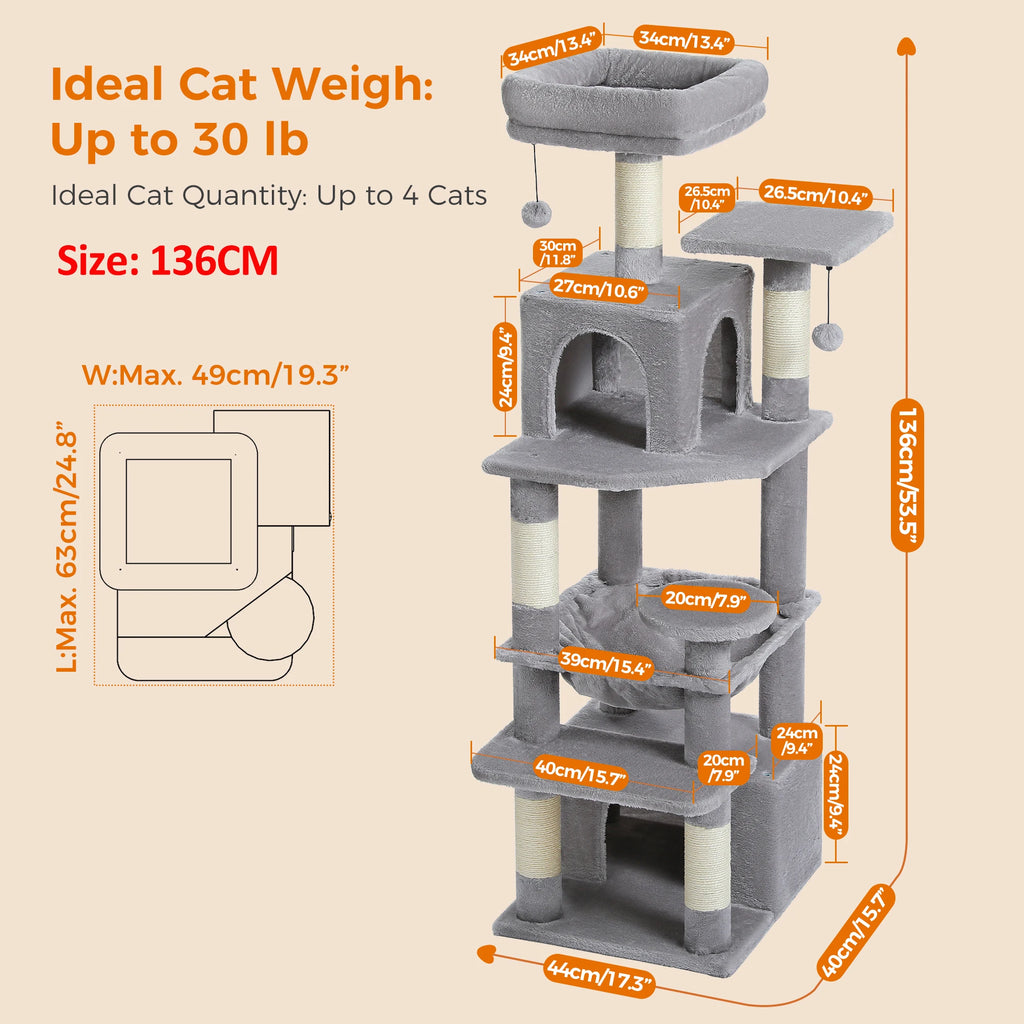 Large cat tree for indoor cats with multiple levels, scratching posts, and a cozy perch