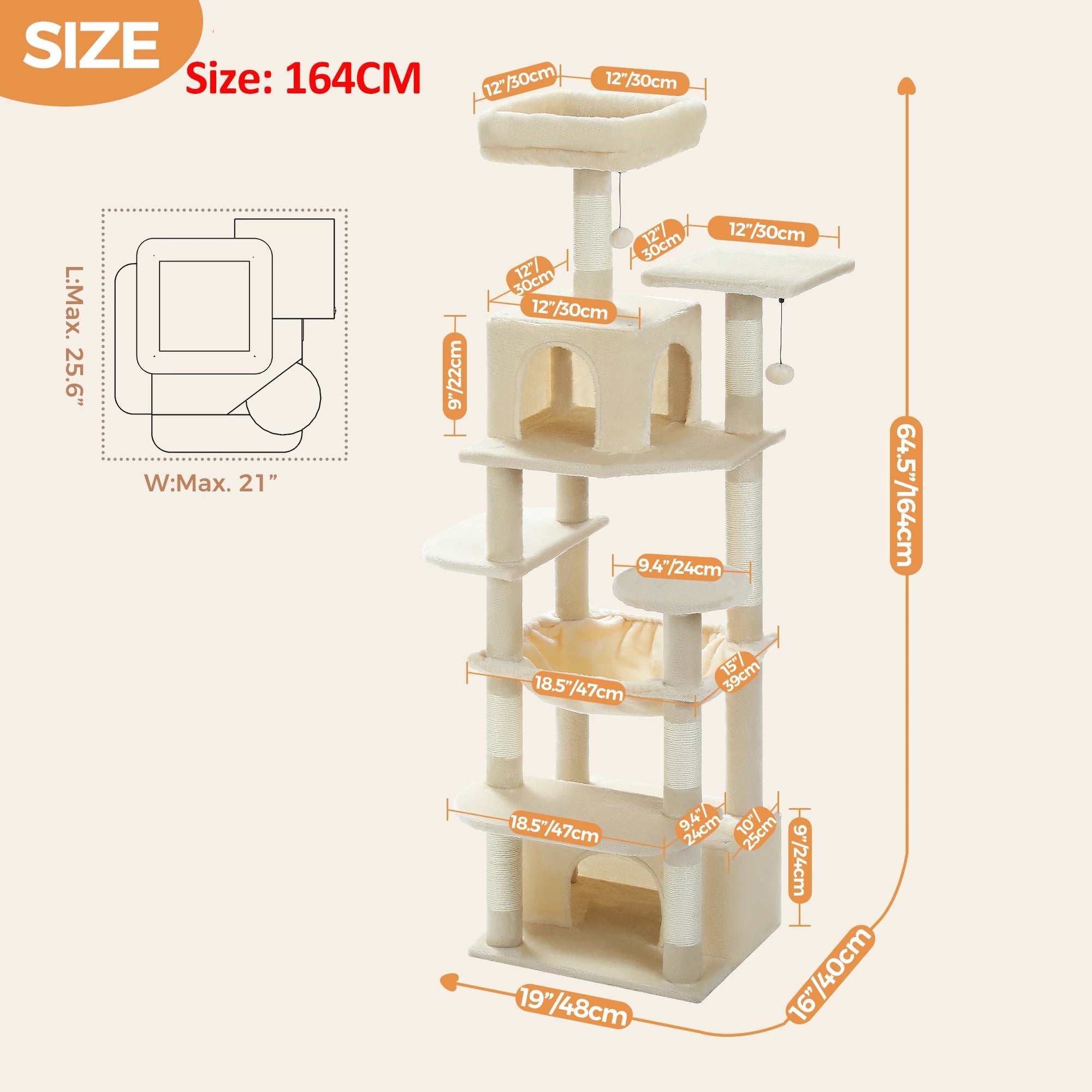 Large cat tree for indoor cats in beige with multiple levels and cozy spots for climbing and resting