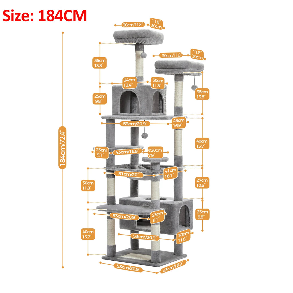 Large cat tree for indoor cats with multiple levels and scratching posts measuring 184CM height