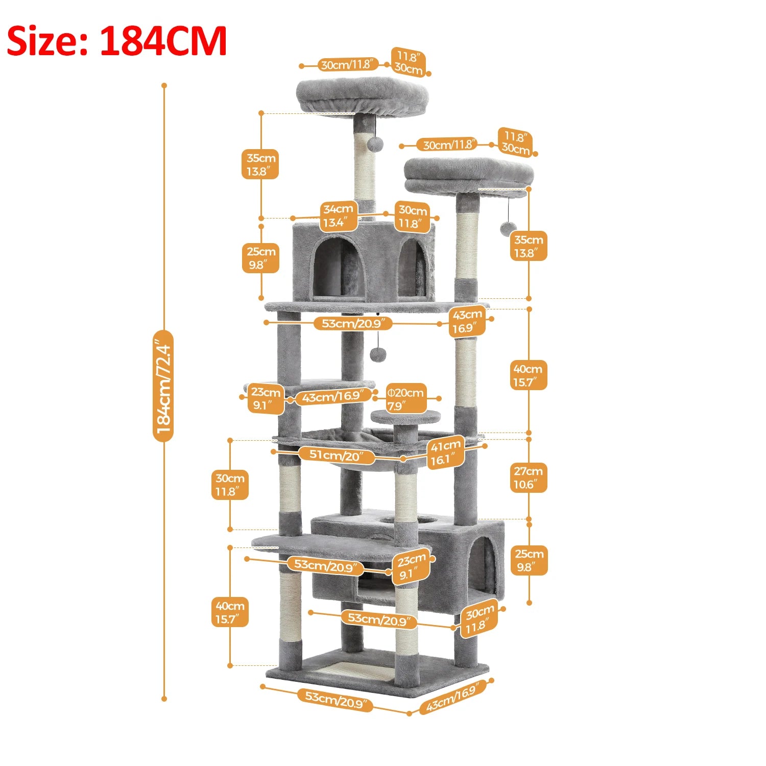 Large cat tree for indoor cats with multiple levels and scratching posts measuring 184CM height