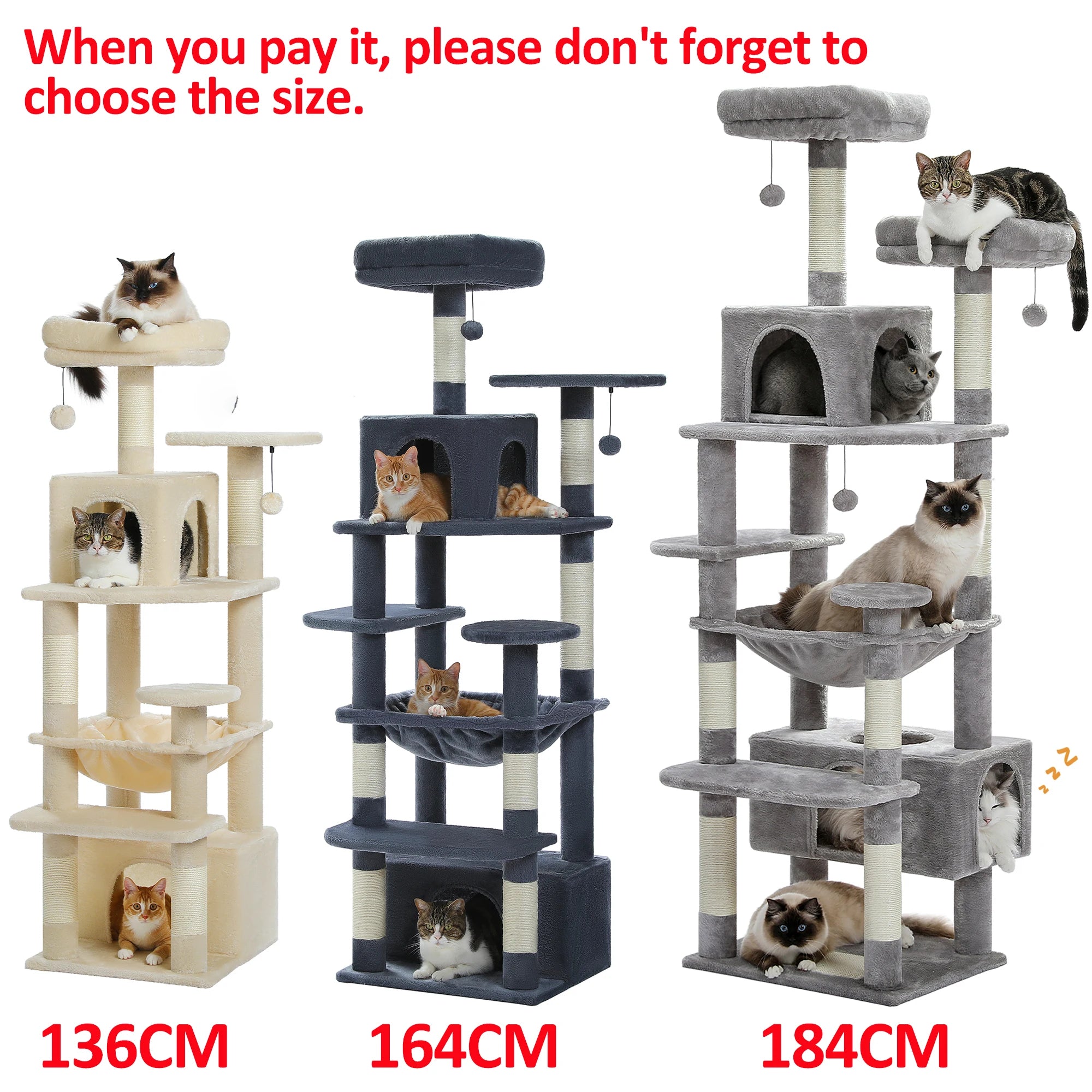 Large cat tree for indoor cats with multiple levels, scratching posts, and cozy hideaways