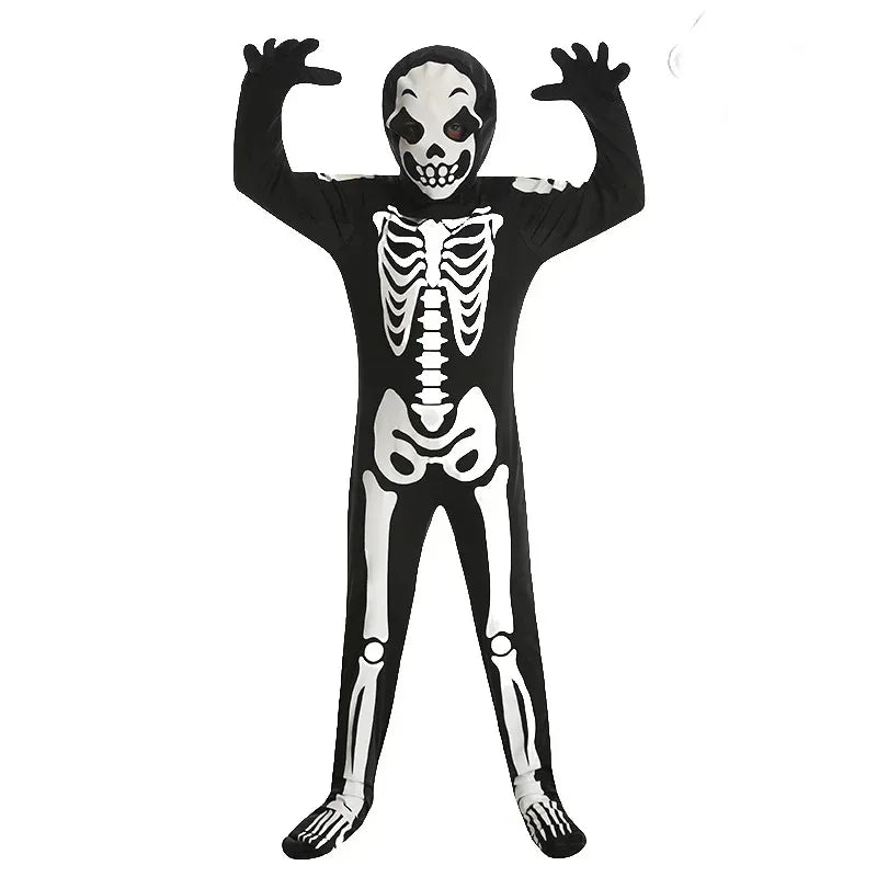 Child wearing a skeleton costume glow in the dark featuring a detailed bone print