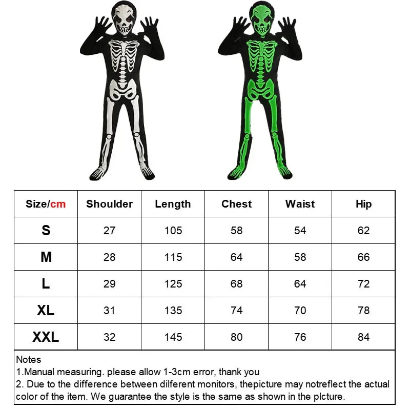 Kids skeleton costume glow in the dark for Halloween, featuring vibrant designs and various sizes