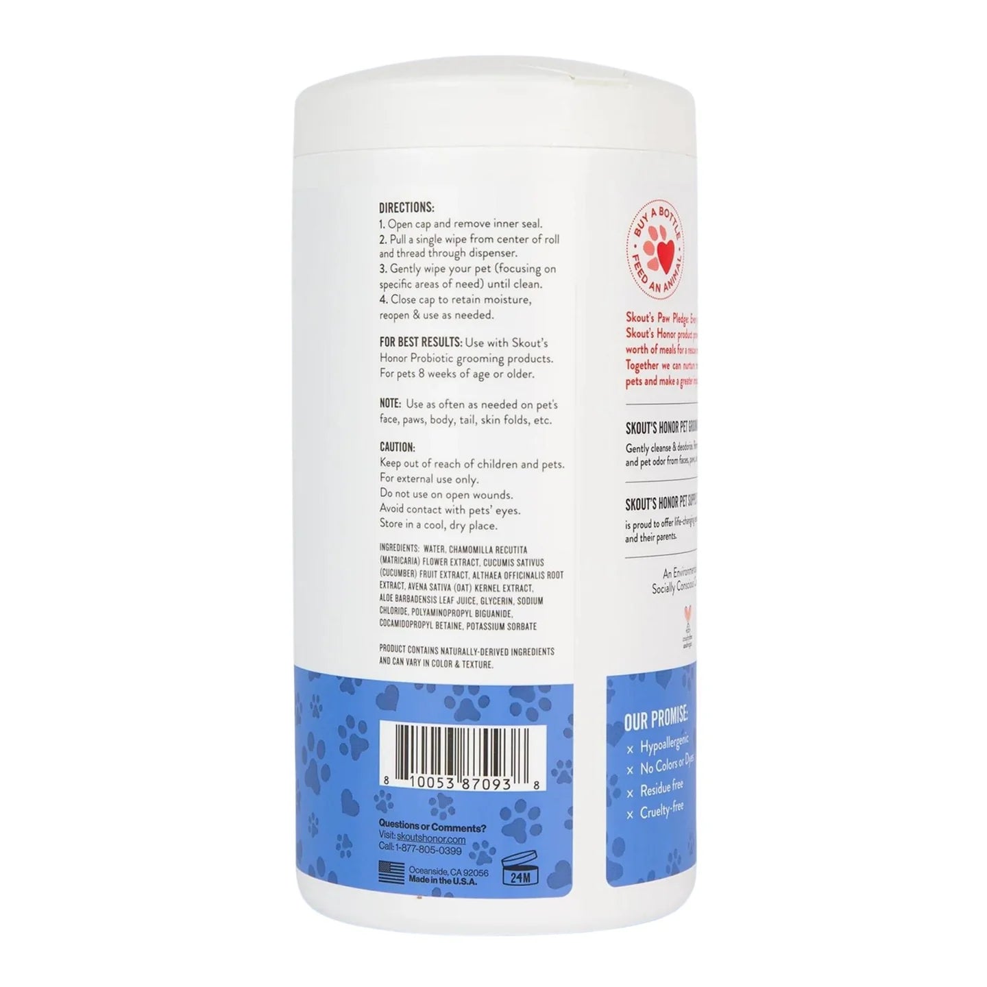 Back view of Skouts Honor grooming wipes 80 count container with usage directions and product details