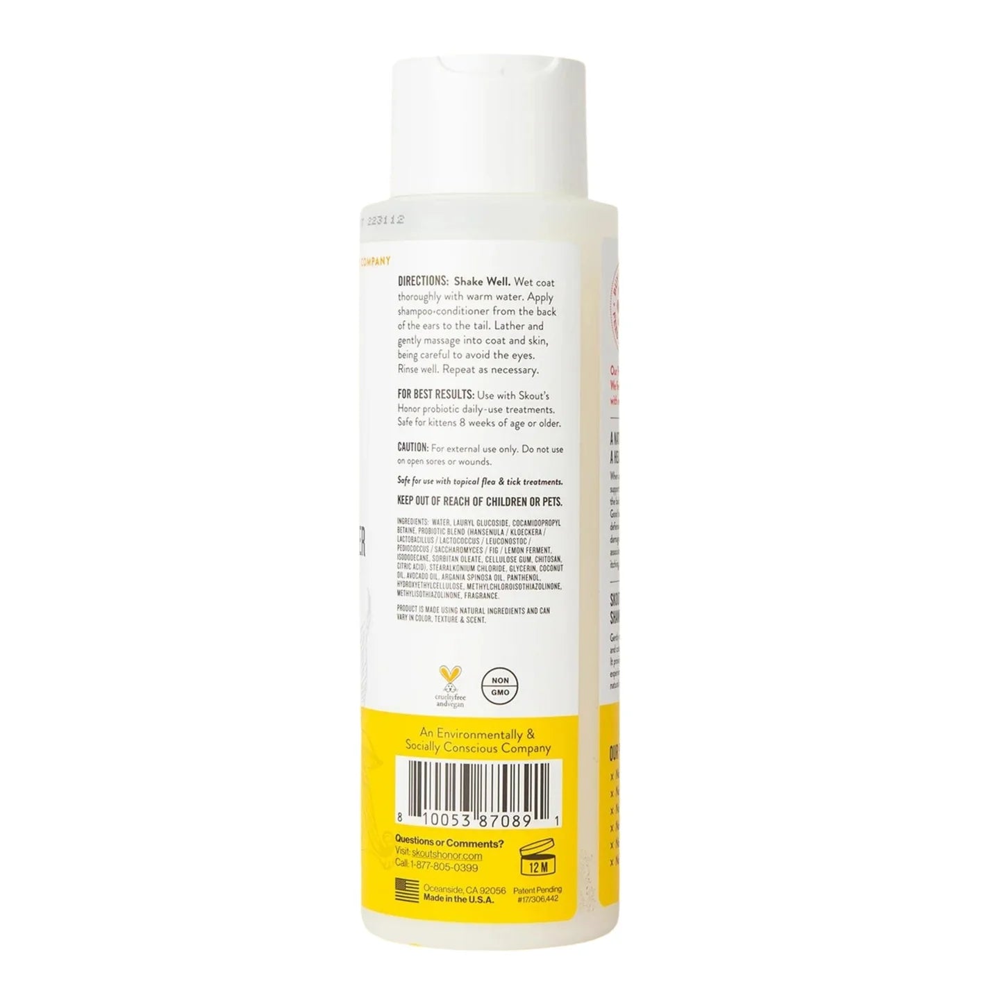 Back view of shampoo conditioner bottle with usage directions and ingredient label