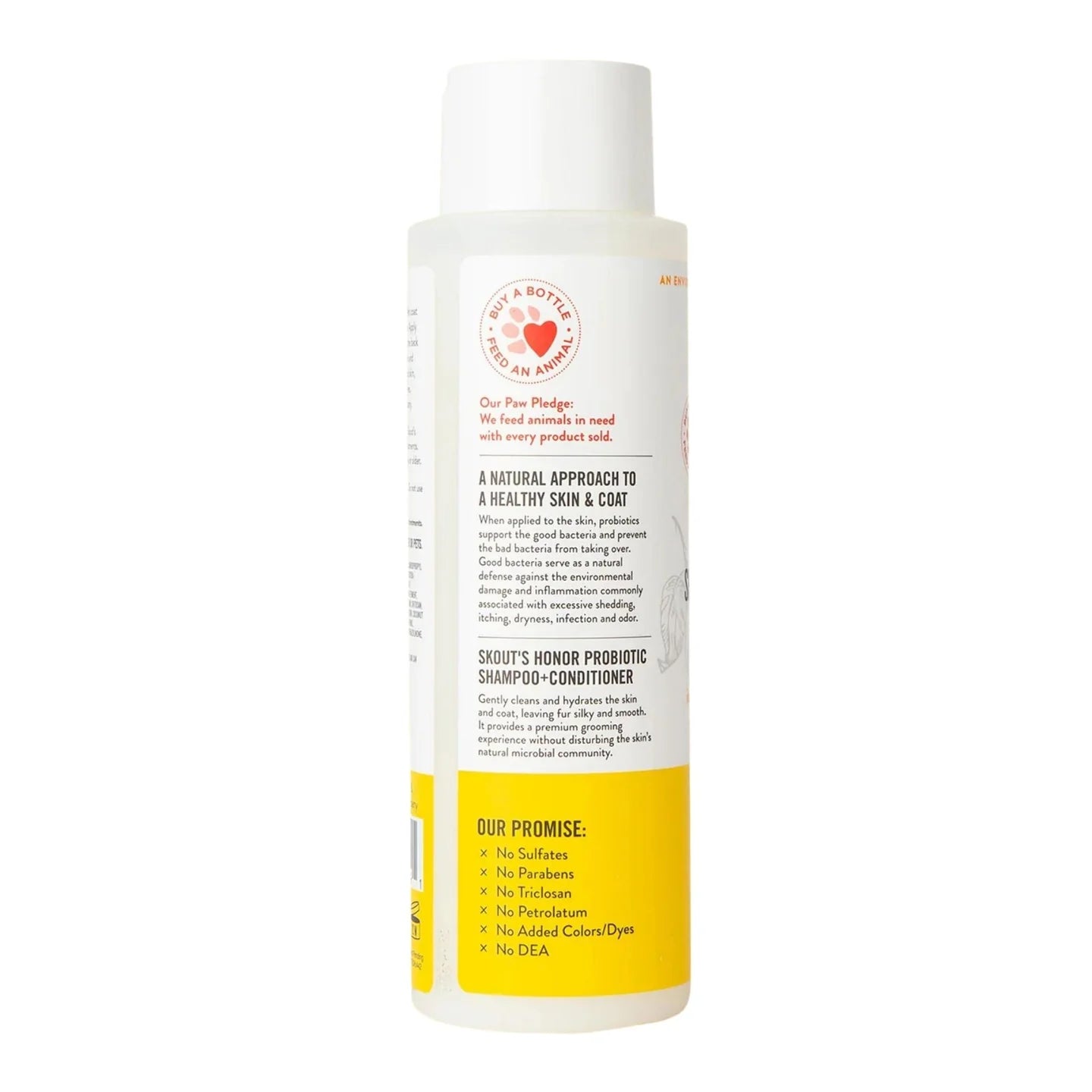 Skout's Honor Probiotic Shampoo and Conditioner bottle showing product benefits for healthy skin and coat