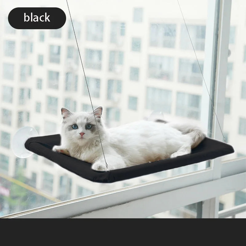 SkyLounge Window Cat Hammock in black with a relaxed cat comfortably lounging on it by a window