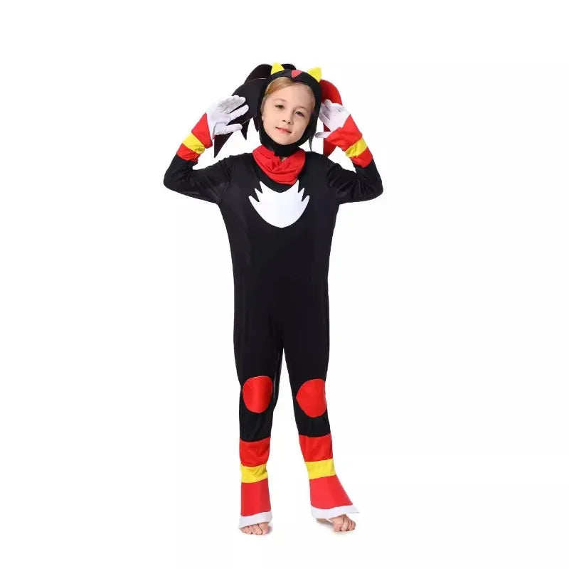 Sonic kids Halloween costume featuring a black bodysuit with red and yellow accents for playful dress-up fun