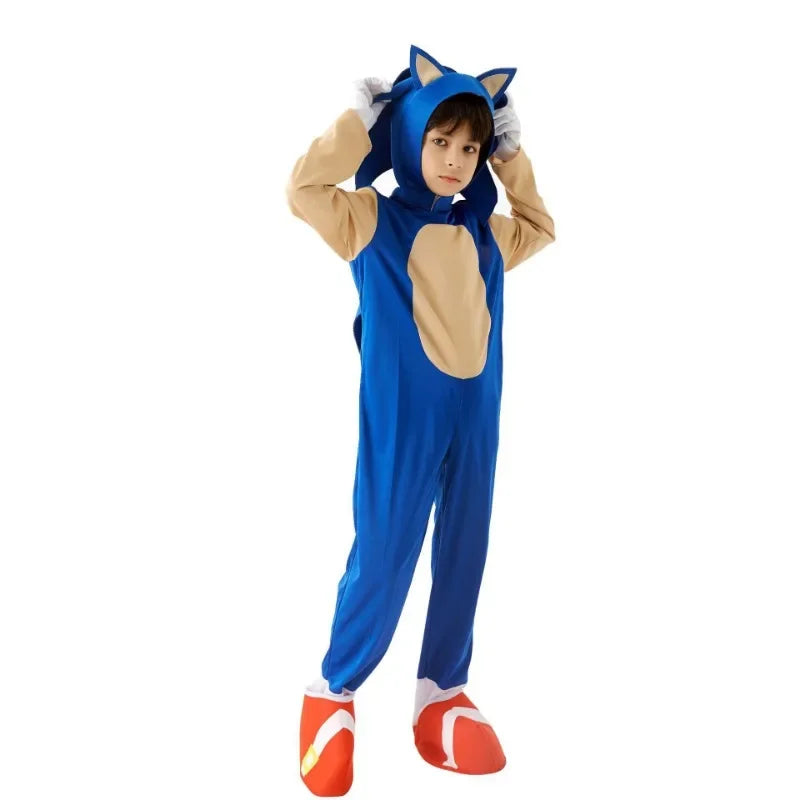 Sonic kids Halloween costume featuring a blue jumpsuit and signature red shoes for fun dress-up