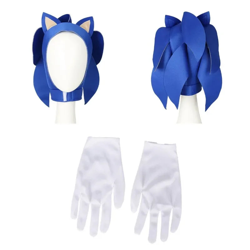 Sonic kids Halloween costume includes blue headpiece and white gloves for a fun dress-up experience