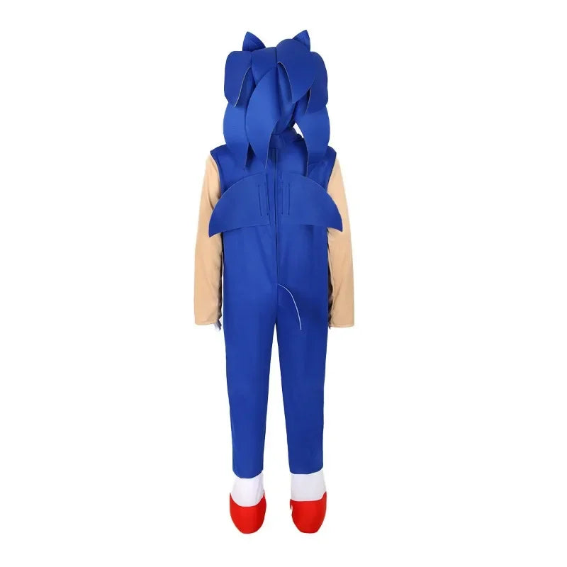 Back view of a Sonic kids Halloween costume featuring blue jumpsuit and iconic spiky hair design