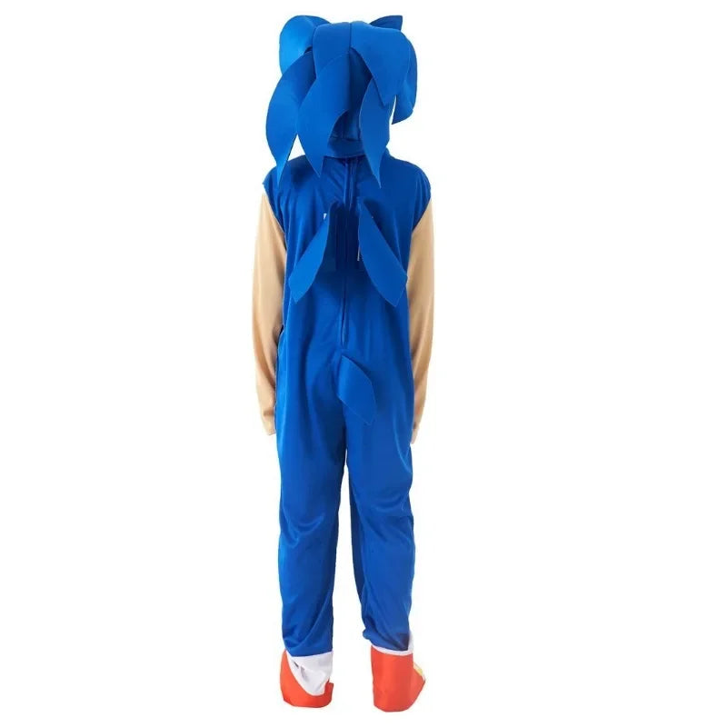 Sonic kids Halloween costume featuring a blue jumpsuit with tail and headpiece for playful costumes
