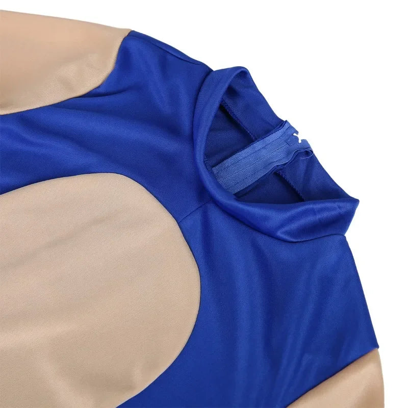 Close-up of Sonic kids Halloween costume featuring vibrant blue fabric and detailed stitching